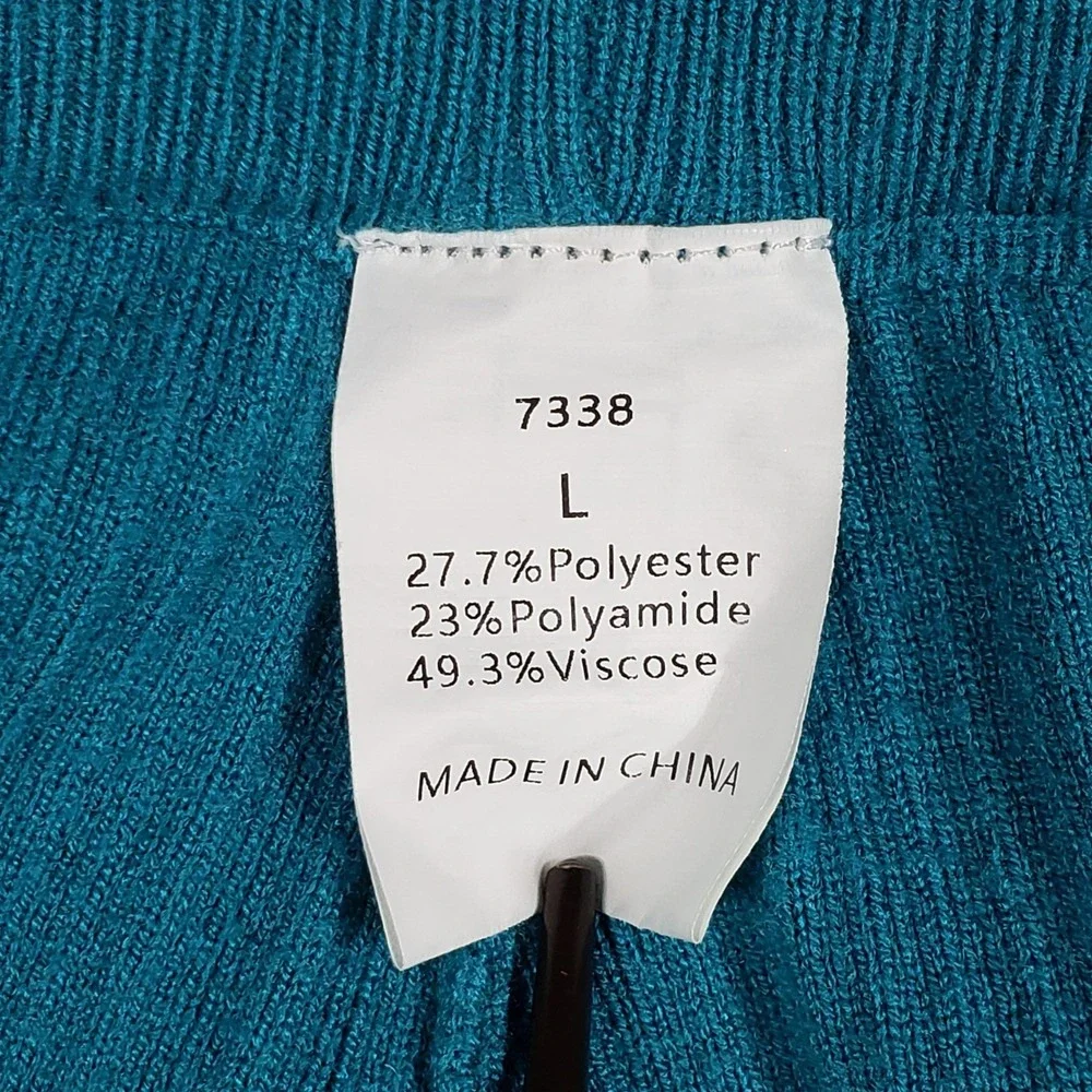 BTFBM Womens 2 Piece Lounge Set Large Teal Blue Ribbed Knit Polo & Wide Leg Pant